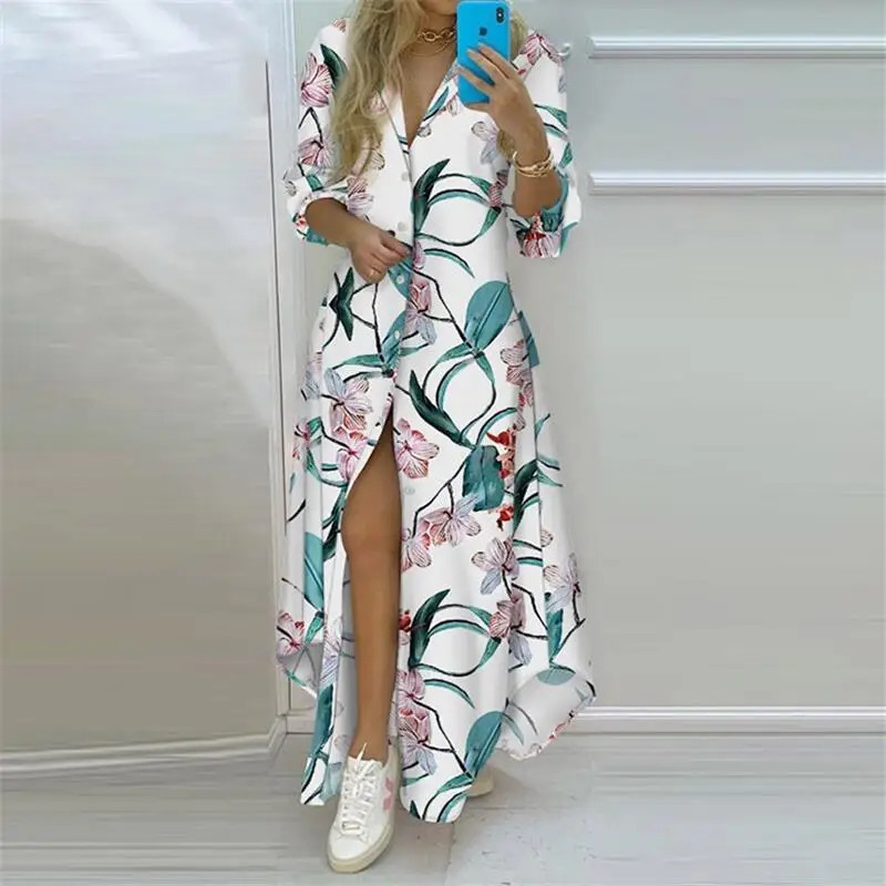 Summer Women Boho Printed Long Shirts Elegant Dress Turn-down Collar Long Sleeve