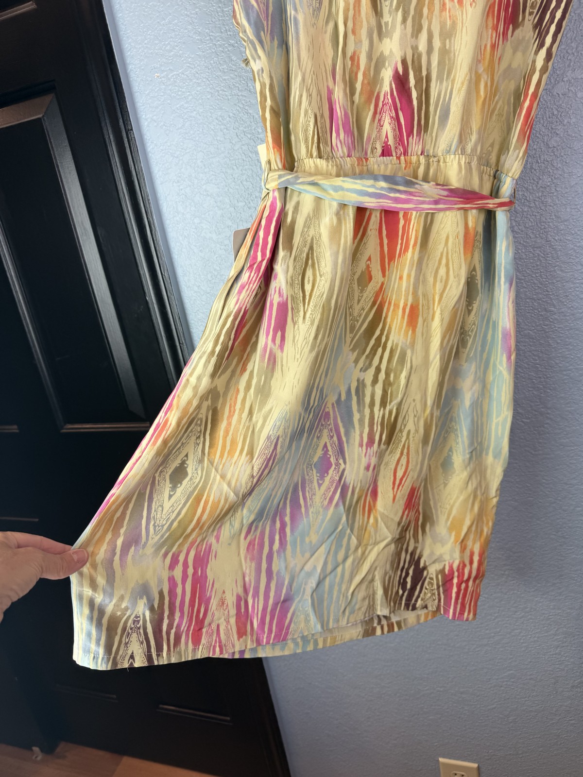 Presley Skye Dress Womens Medium Maize Green Silk Ikat Print Belted Lined NWT