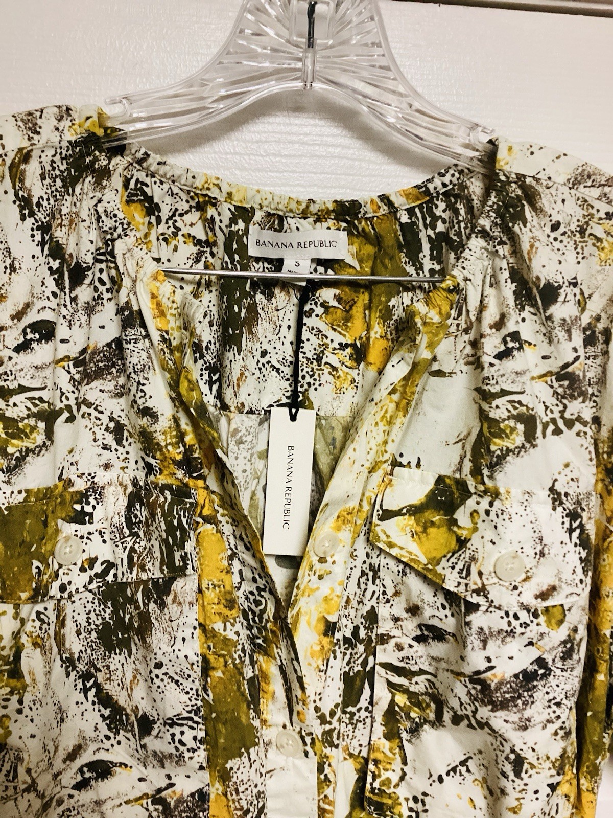 NWT $180 Banana Republic Yellow Camo Splatter Pocket Midi Shirt Dress Sz Small