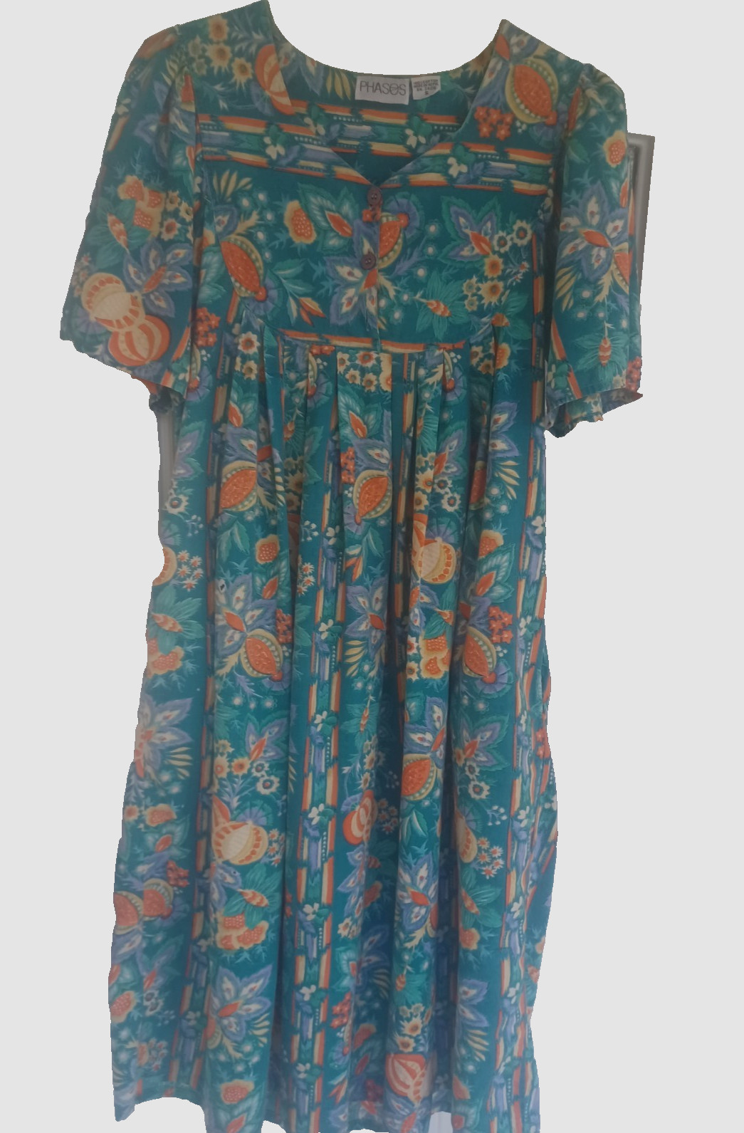 VTG PHASES Multicolor Bohemian Dress W/Pockets 100% Cotton Made in Nepal sz S