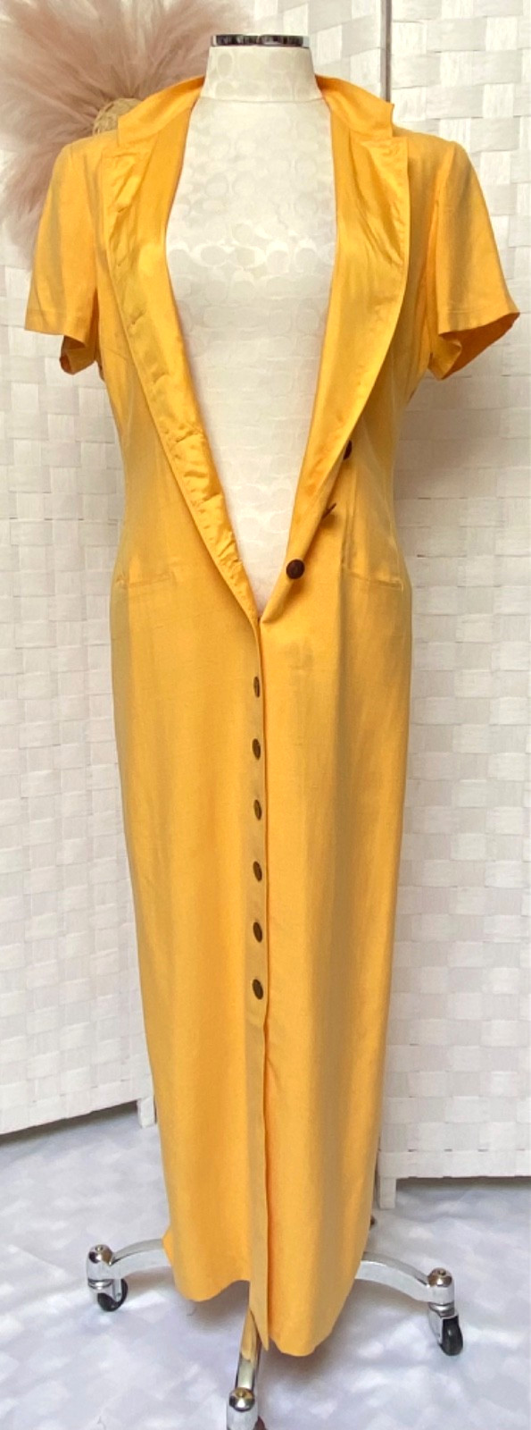 VTG Dana Buchman 100% Silk Yellow Button Up Pocket Maxi Mandarin Dress Size 8