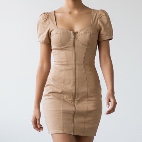 Haute Monde tan Corset Front Dress Puff Sleeve Mini steampunk bodycon milkmaid