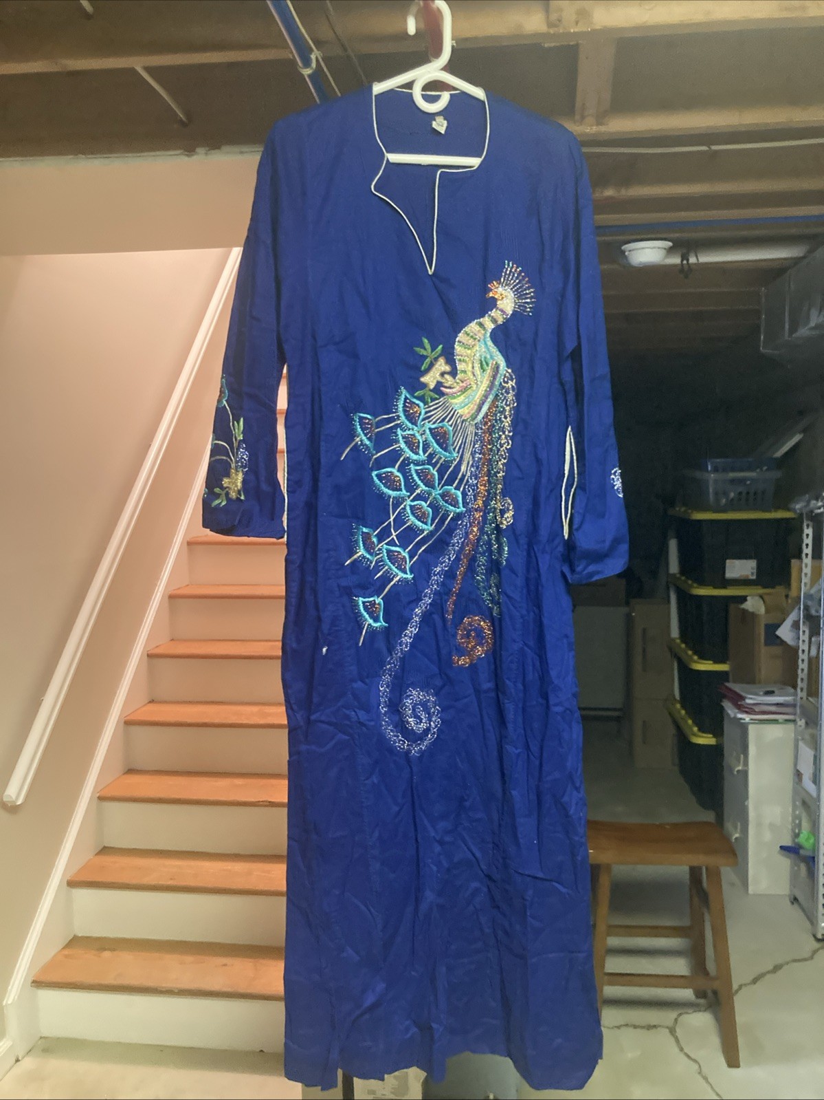 Vintage Women’s Blue Peacock Floral Embroidery Maxi Dress