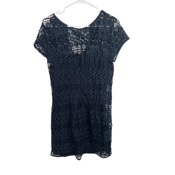 Loft Outlet Navy Blue Crochet Lace Medallion Shift Dress Size 4 Tie Back Zip