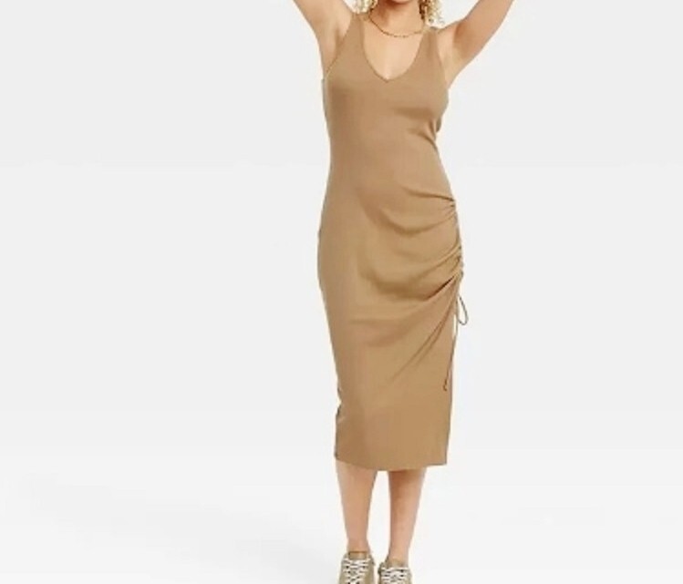 A New Day Womens Sleeveless Lt Brown Ruched Stretched Knit Dress 1X NEW/TAG