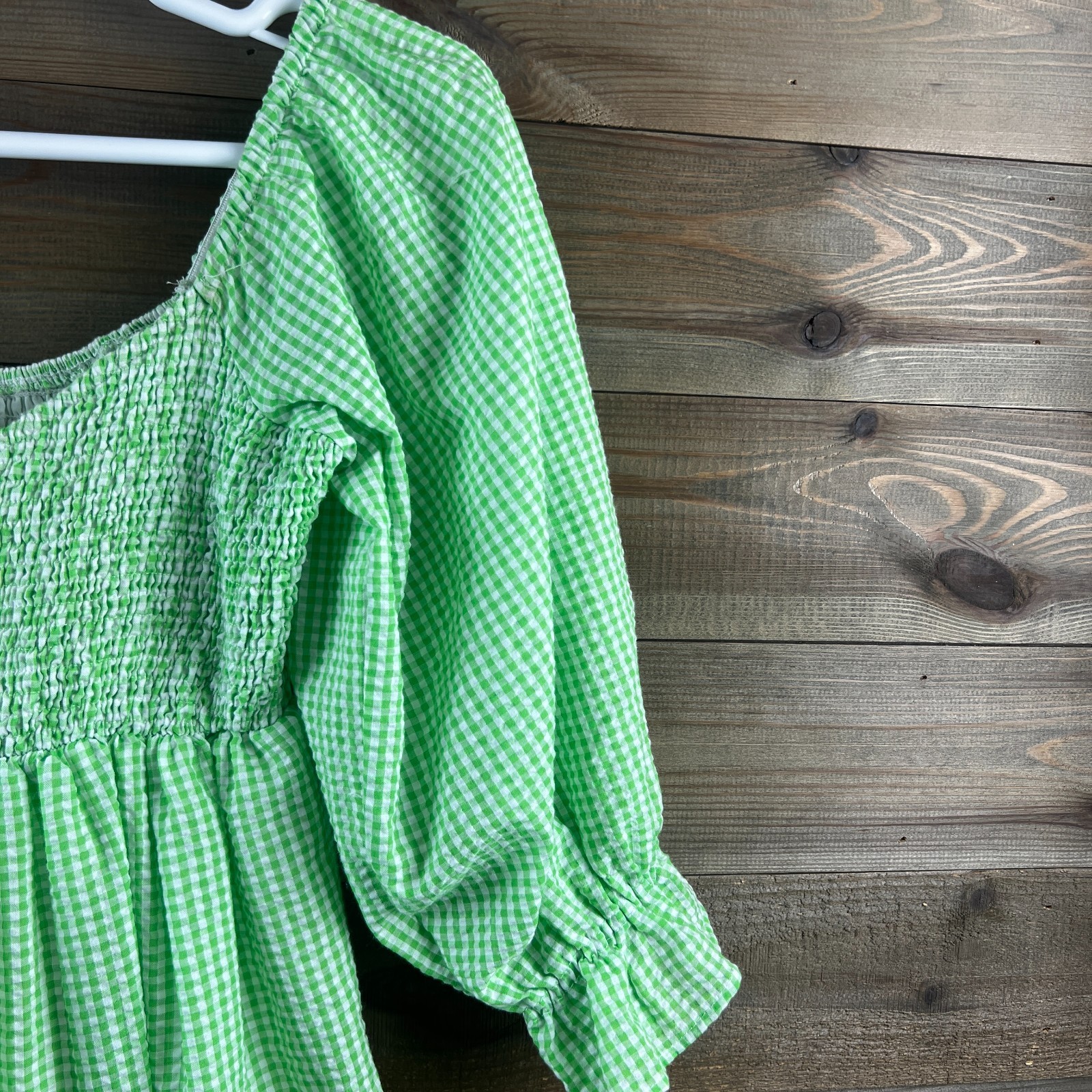 Mable Womens Dress Smocked Gingham Plaid Mini Babydoll Cottagecore Green Large