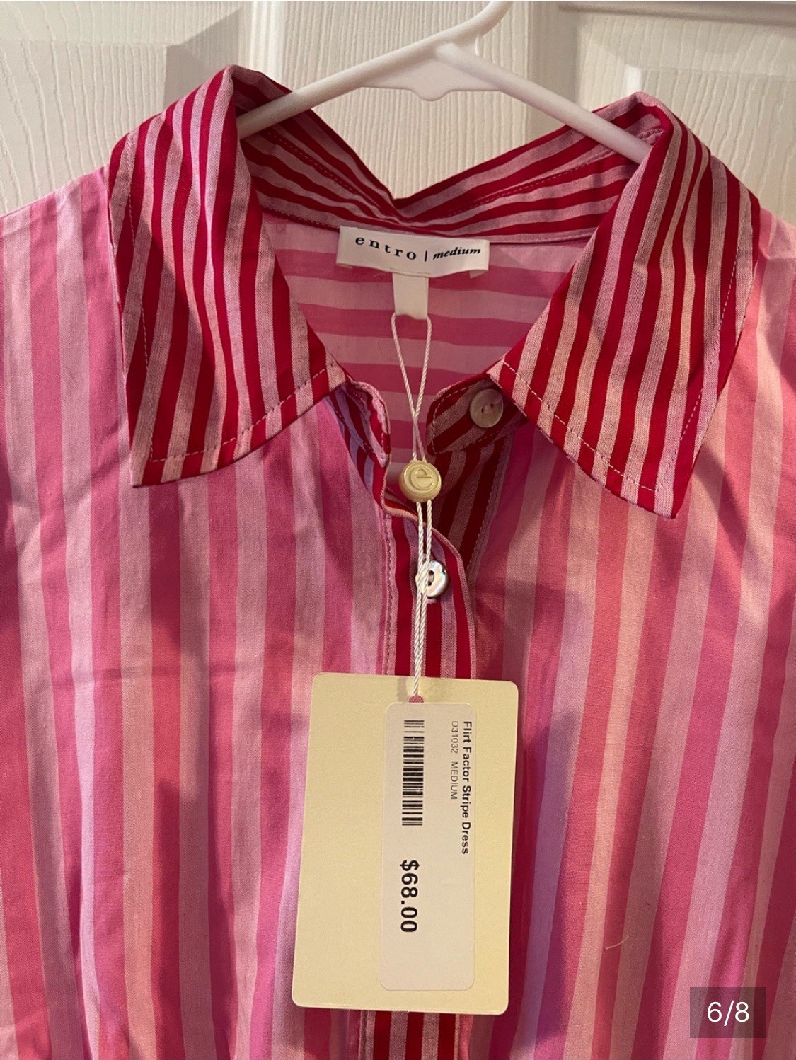 Entro Pink/White Striped Collared Button-Front Puff Sleeve Shirt Dress M