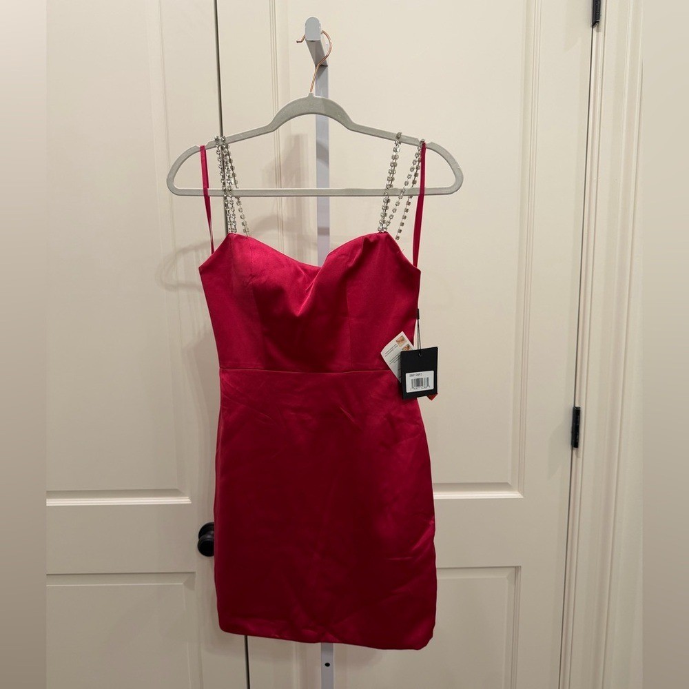 Mac Duggal RHINESTONE STRAP SATIN MINI DRESS NWT size 0 (55691) Candy Pink