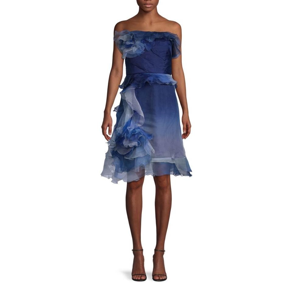 MARCHESA Ombre Strapless Flower Ruffled Tiered Silk Cocktail Dress, 2 Blue