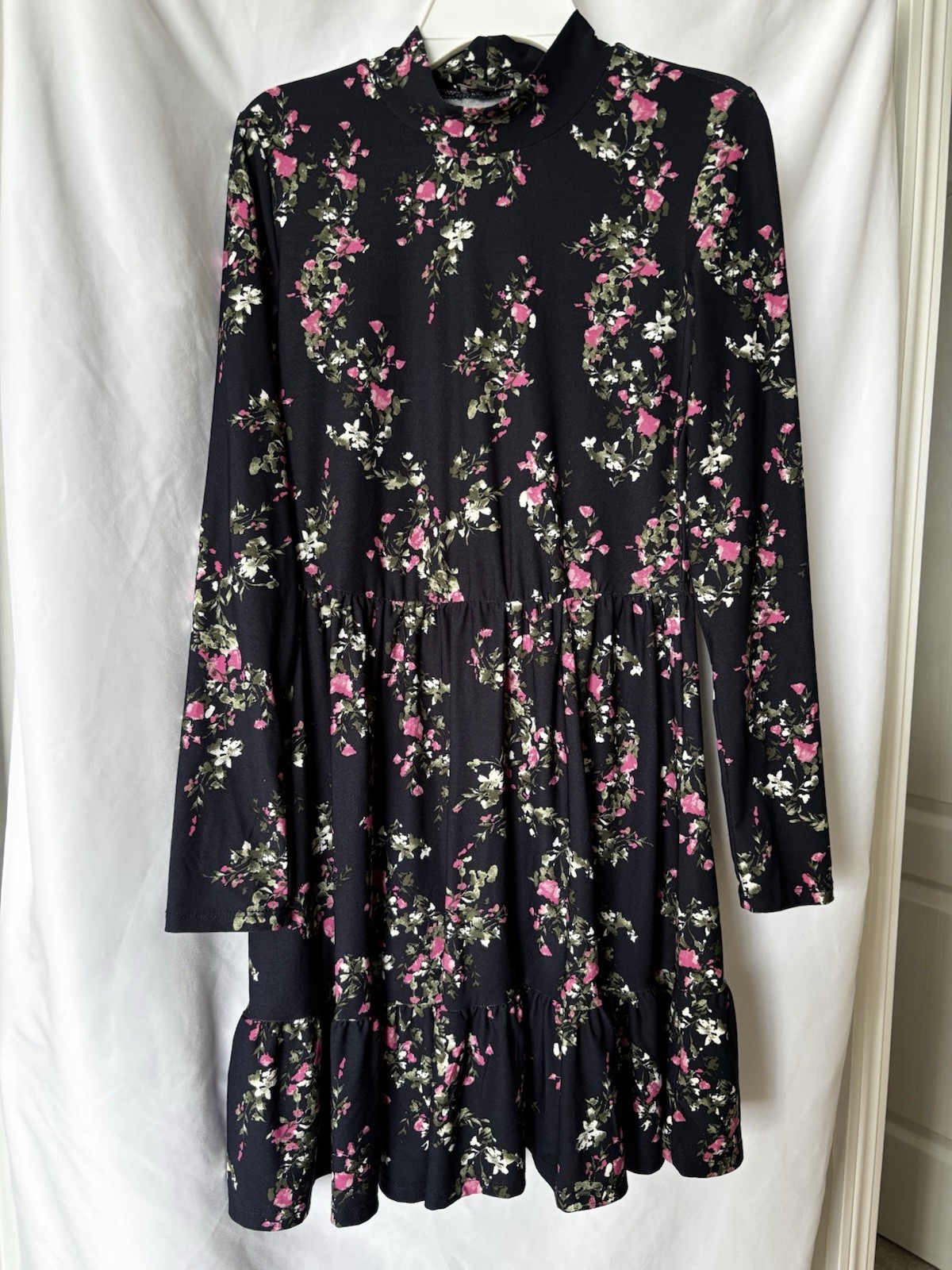 Junior’s Lily Rose Navy Blue Pink Floral Long Sleeve Slip On Dress Small