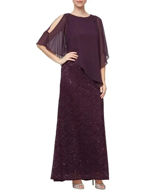 SLNY Deep Plum Purple Chiffon Popover Sequin Lace Gown Sz 8P $159