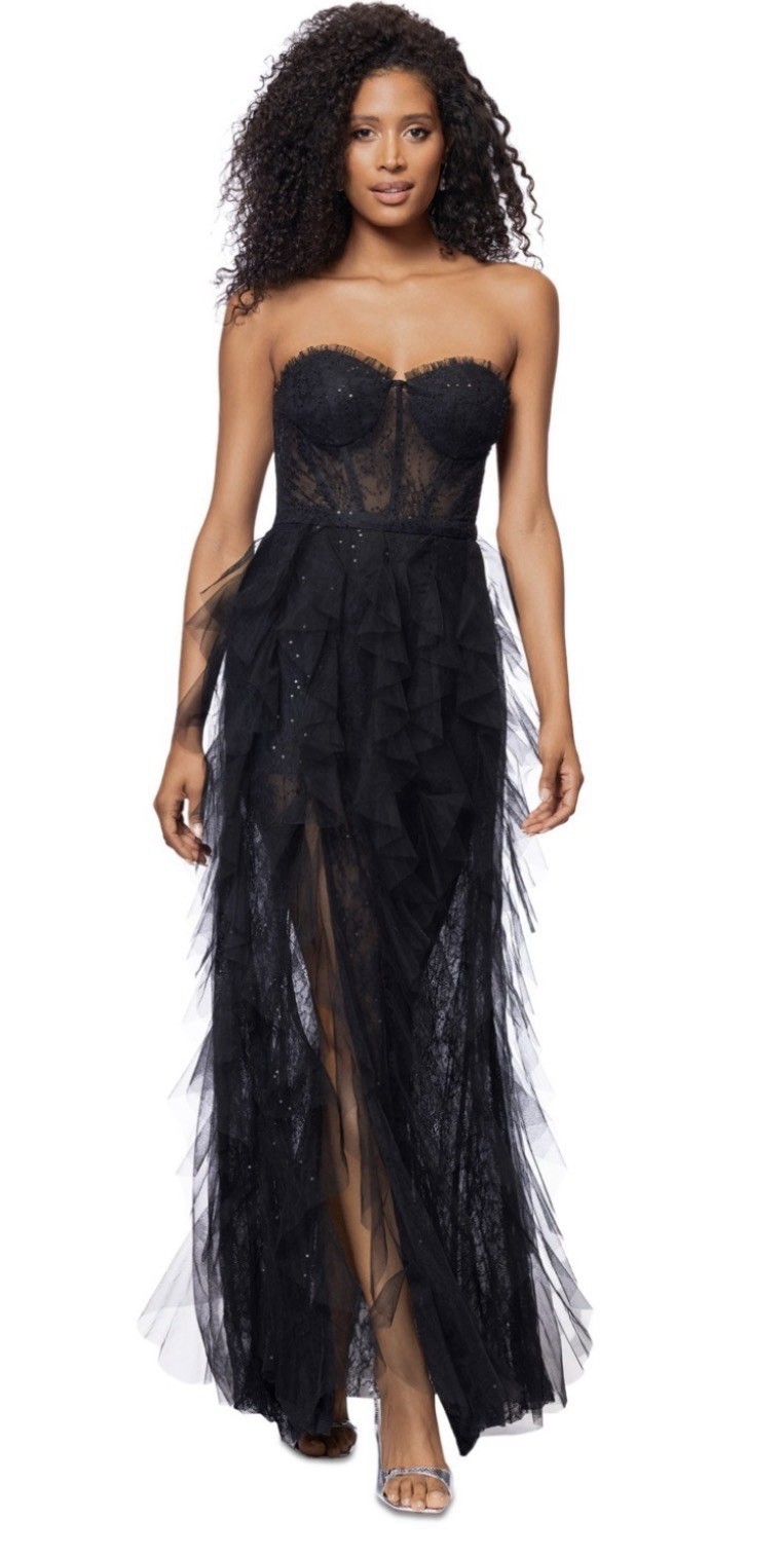 Betsy & Adam Angelina Strapless Mesh Floor Length Ruffle Gown-Black, Size-4