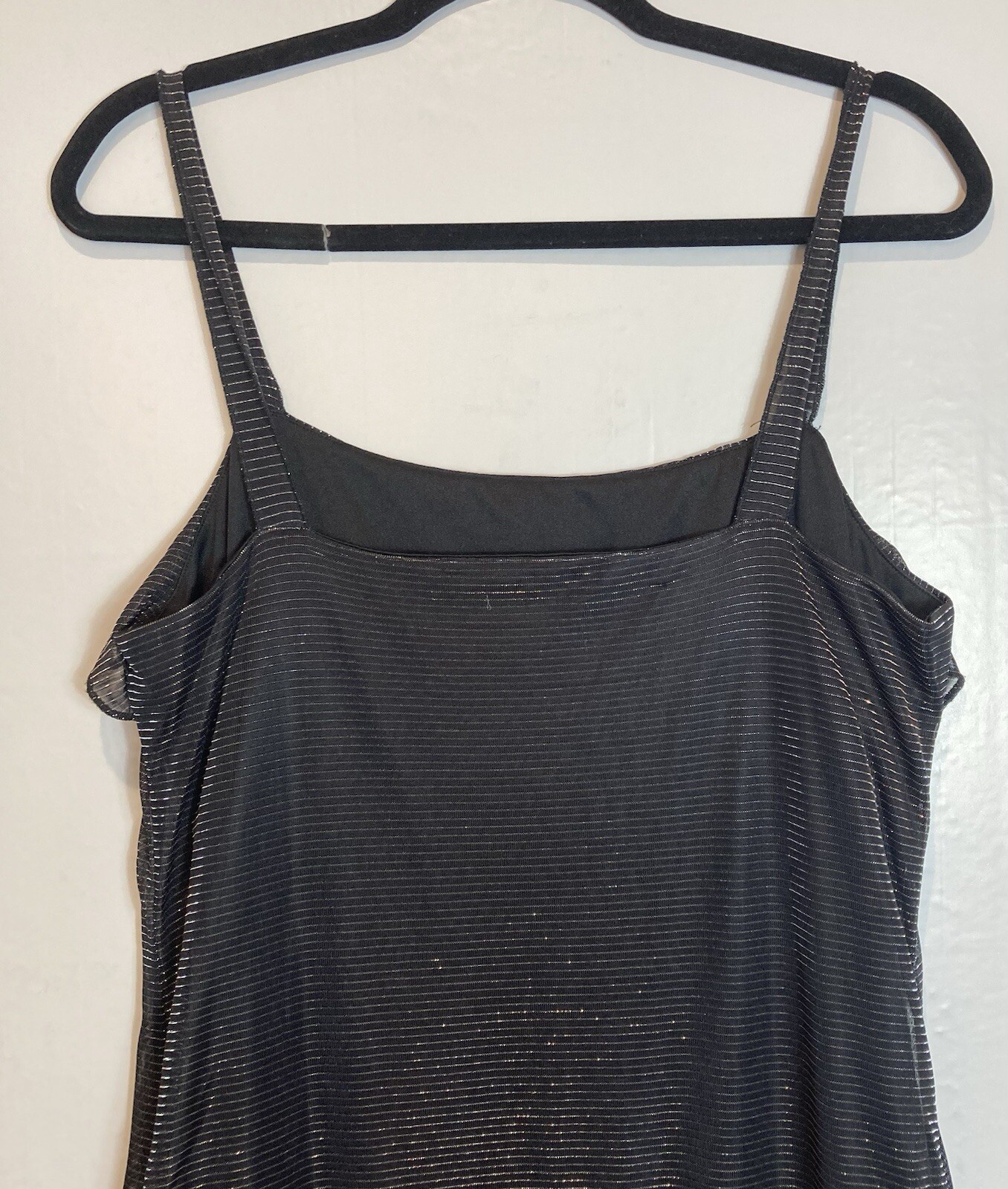 Vintage Fashion Bug Black Metallic Striped Slip Dress Size 12 Ruffle Hem 90s