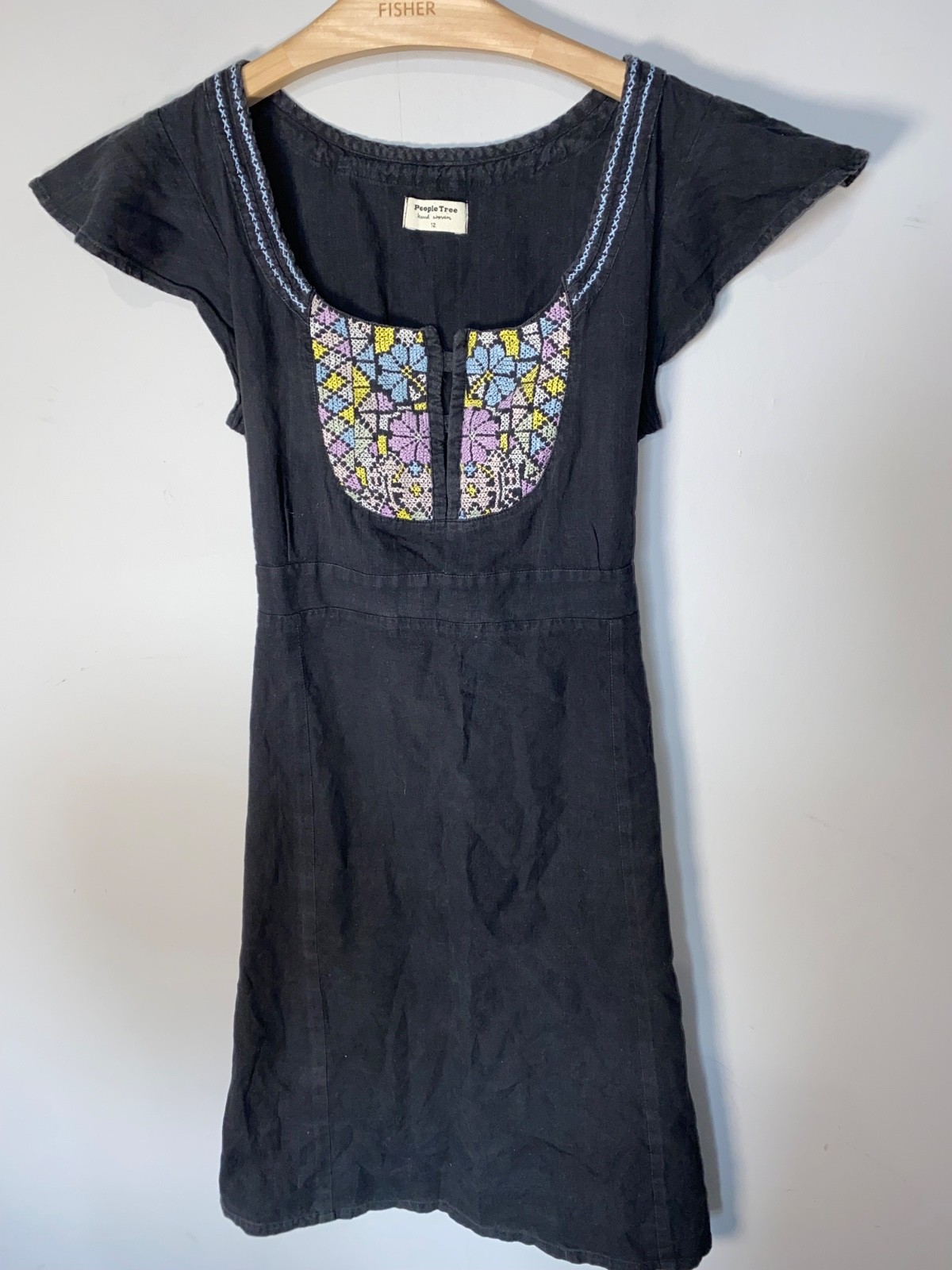 people tree dark grey/black raw cotton feel summer dress size 12 boho