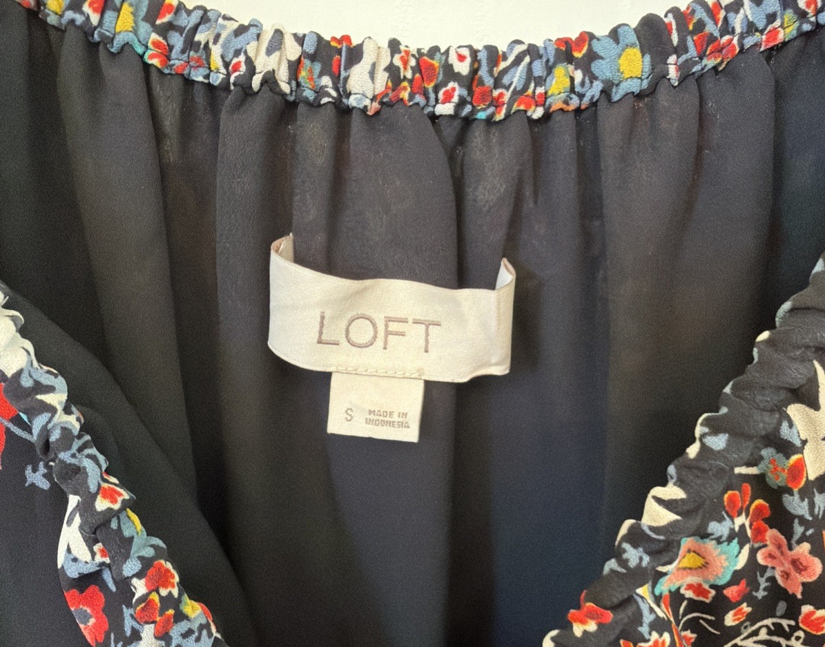 Loft Black Multicolor Dark Floral On / Off Shoulder Peasant Dress S Boho Hippie