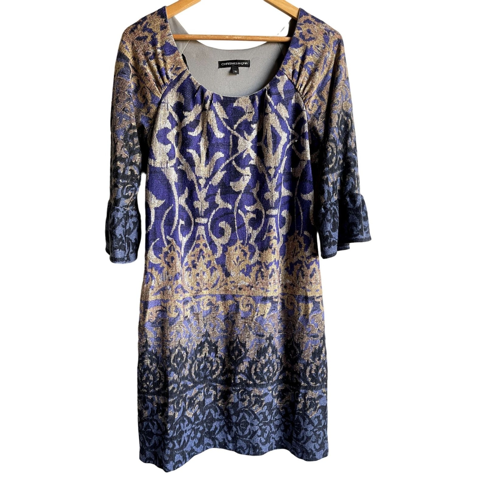 Chris McLaughlin Purple Paisley Knit Dress Size 10 3/4 Ruffle Sleeve