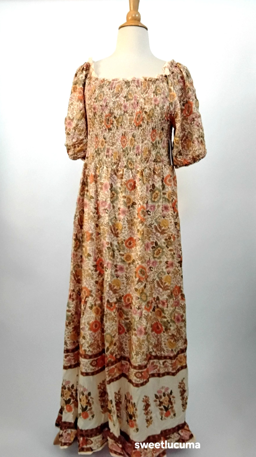 NWT Kindred Floral Smocked Maxi Dress 3X Boho Cottagecore Puff Slv Anthropologie