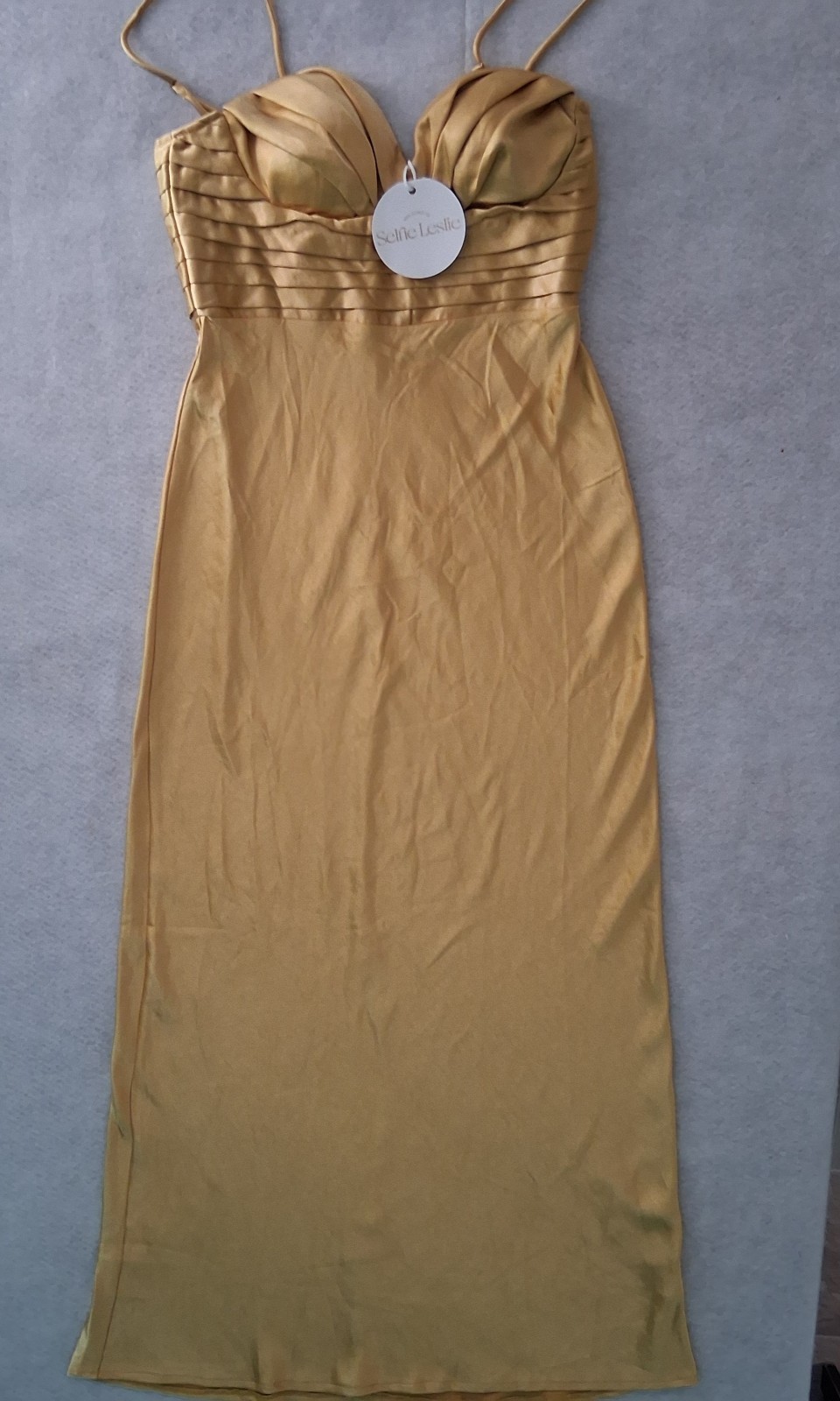 Selfie Leslie pintuck Bodice Maxi Dress Gold Spaghetti Straps Formal sz Med