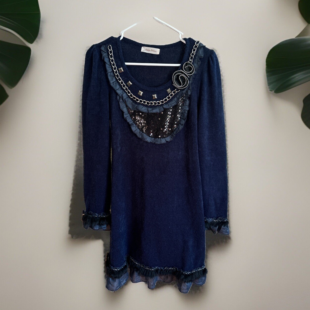 Simply Couture Dress Sweater Type Sequins Studs Feathers Acrylic Polyester