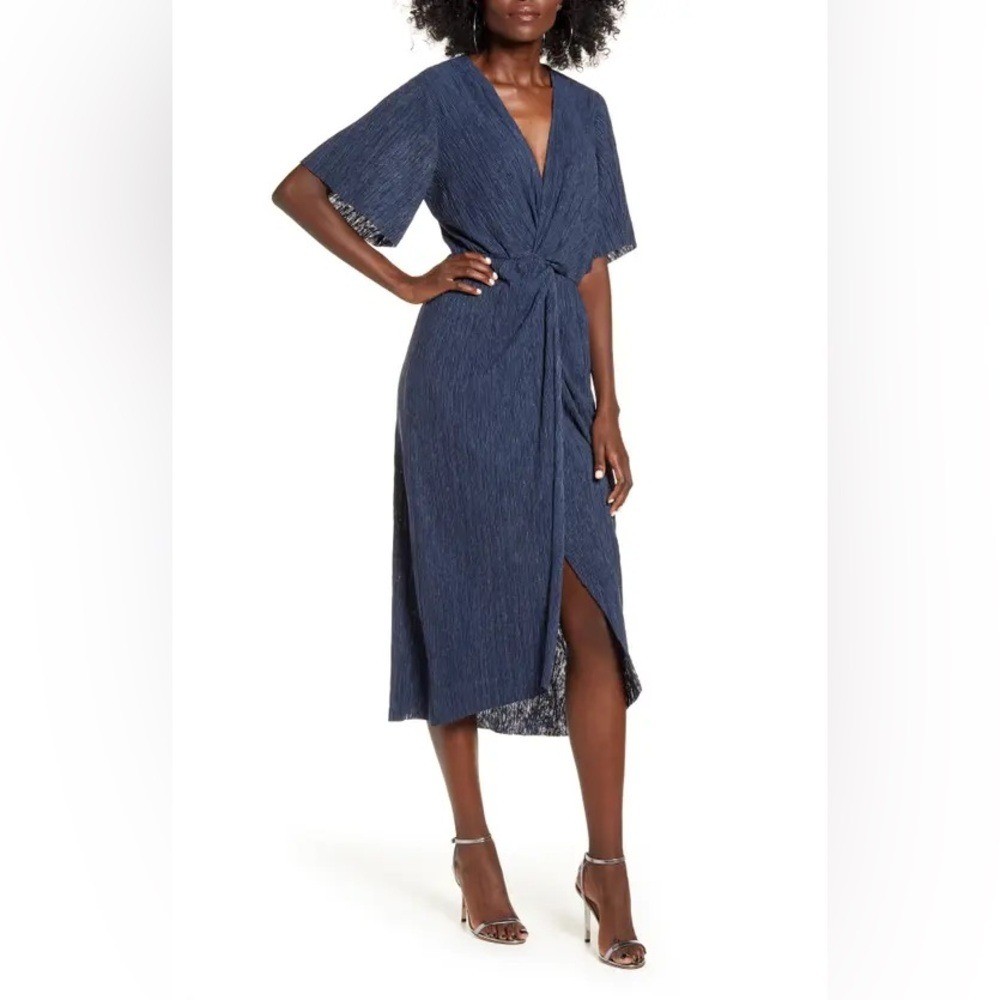 ALL IN FAVOR Womens Midi Dress Plisse Twist Front Cocktail Wedding Guest Size S