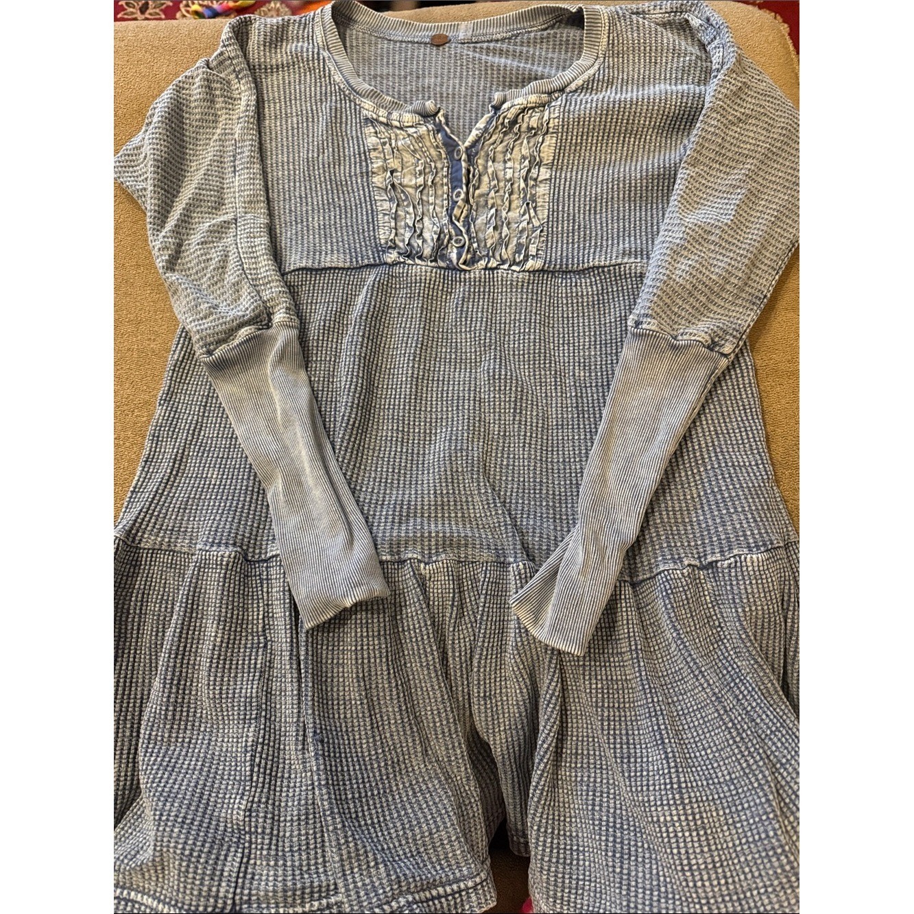 Free People FP One Thermal Dress Button Cuff Long Sleeve Pullover Blue (TD)