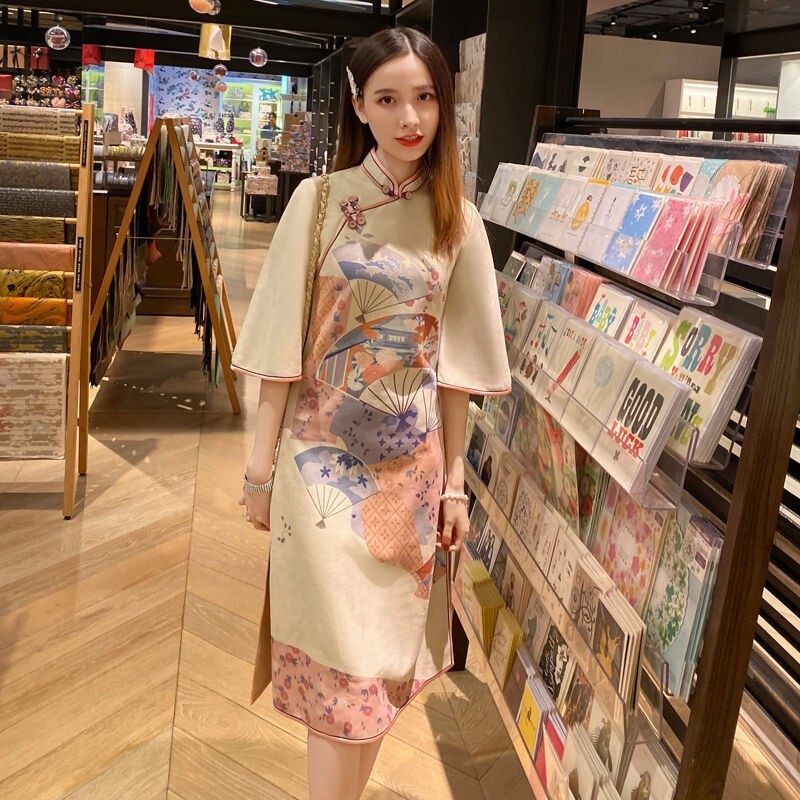 Oriental Chinese Style Female Cheongsam Split Dress Printed Women Improved Qipao