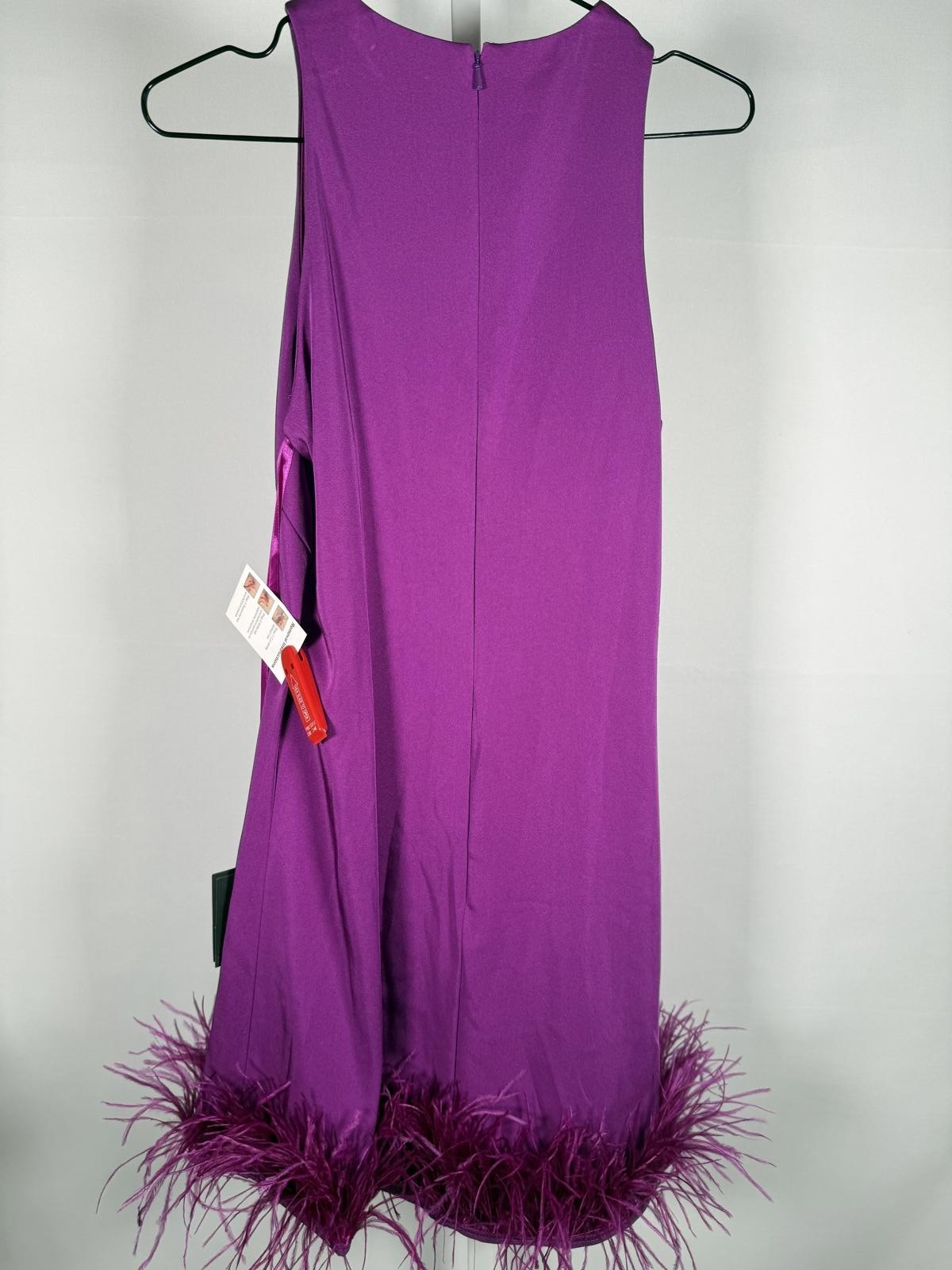 NWT Mac Duggal 55805 Purple Feather Hem High Neck Trapeze Dress Size 4