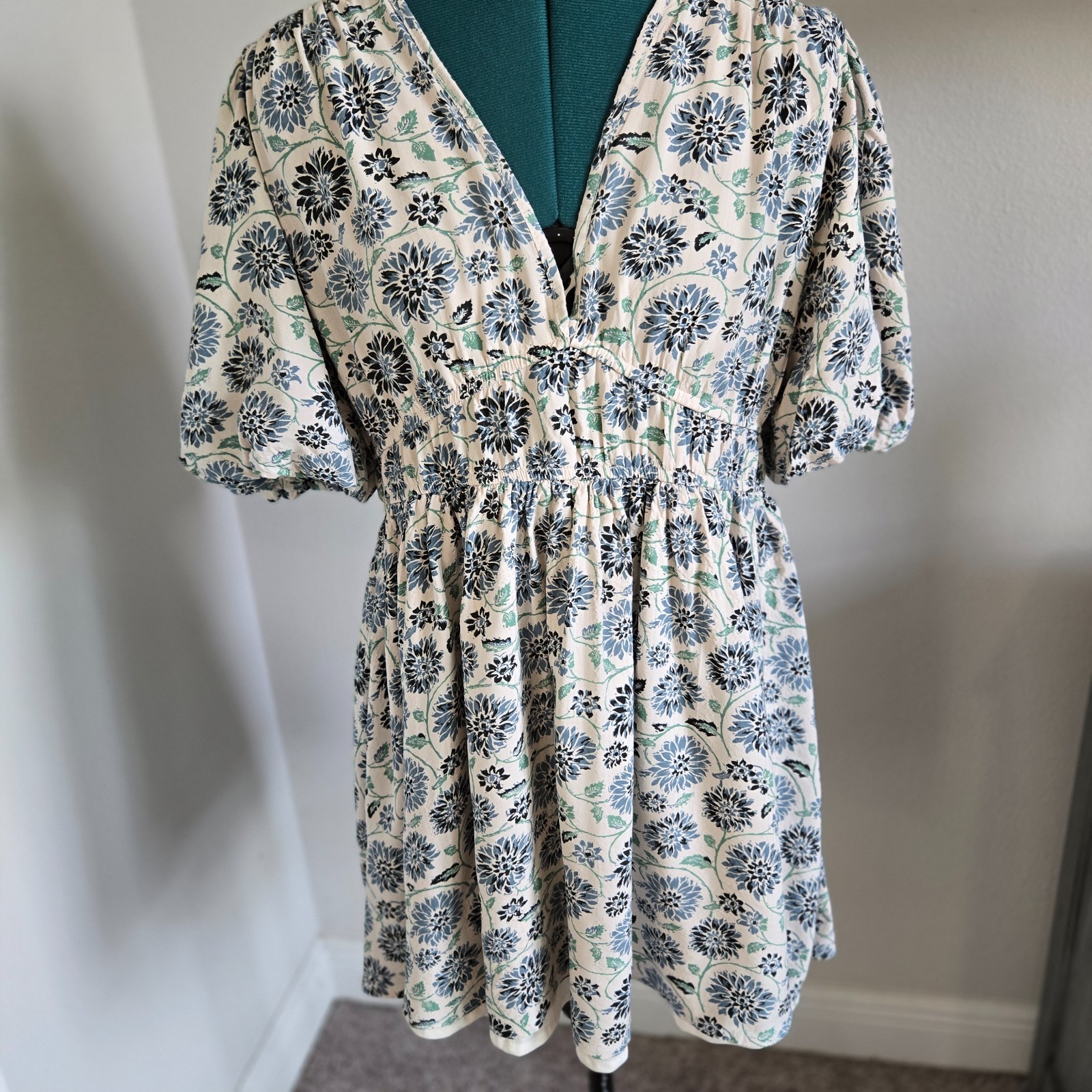 Sincerely Jules Womens Babydoll Dress Sz XL V Neck Balloon Sleeves Elastic Waist