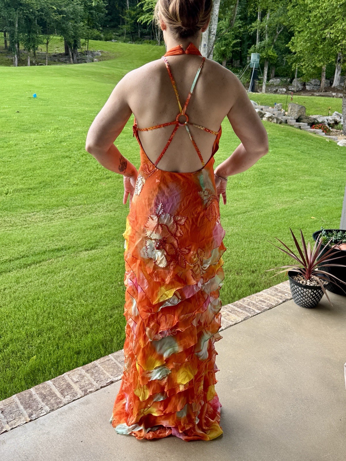 Sue Wong Silk Chiffon Orange Floral Beaded Halter Backless Long Gown 6