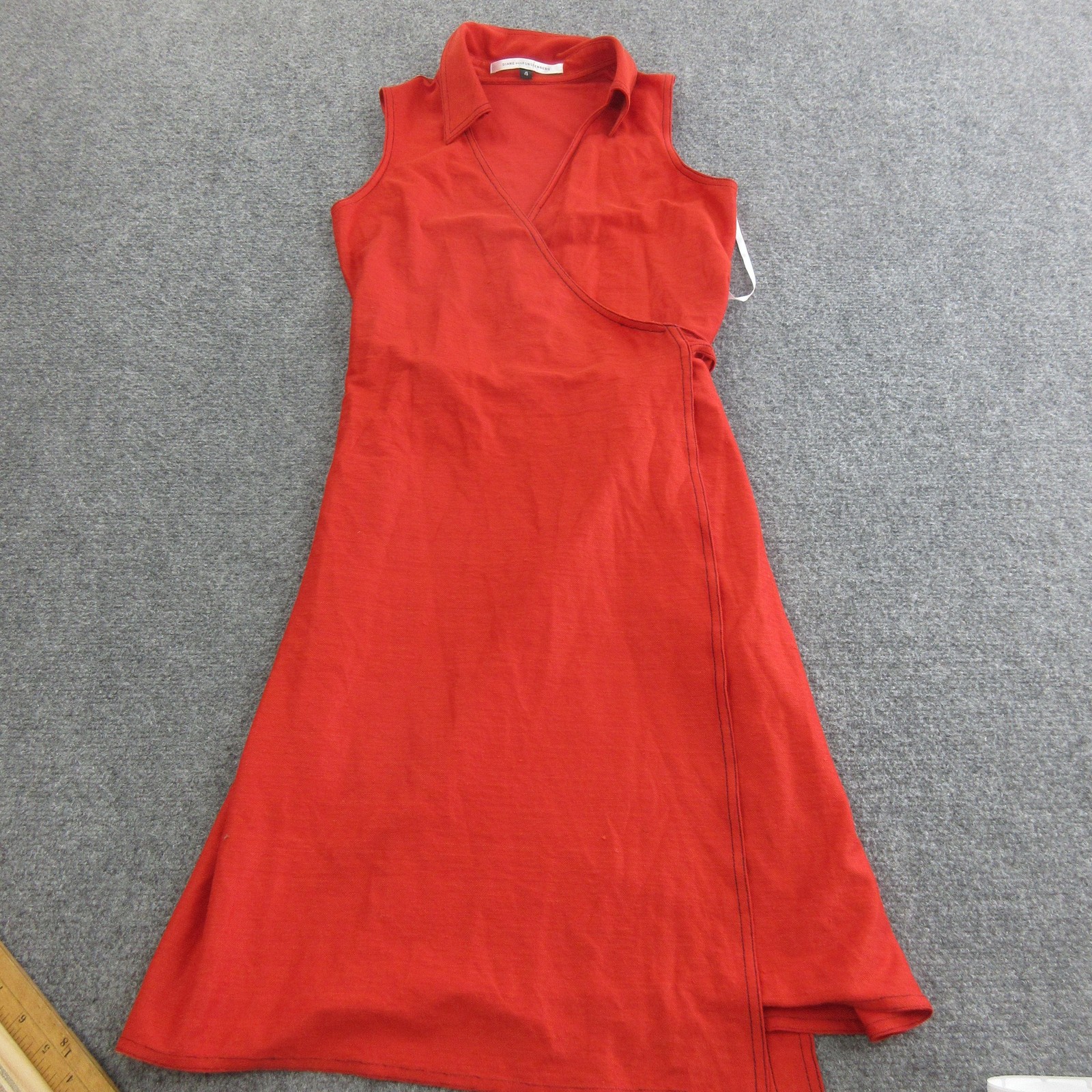 Diane Von Furstenberg Dress Womens 4 Red Linen Wrap A Line Belted Knee Length