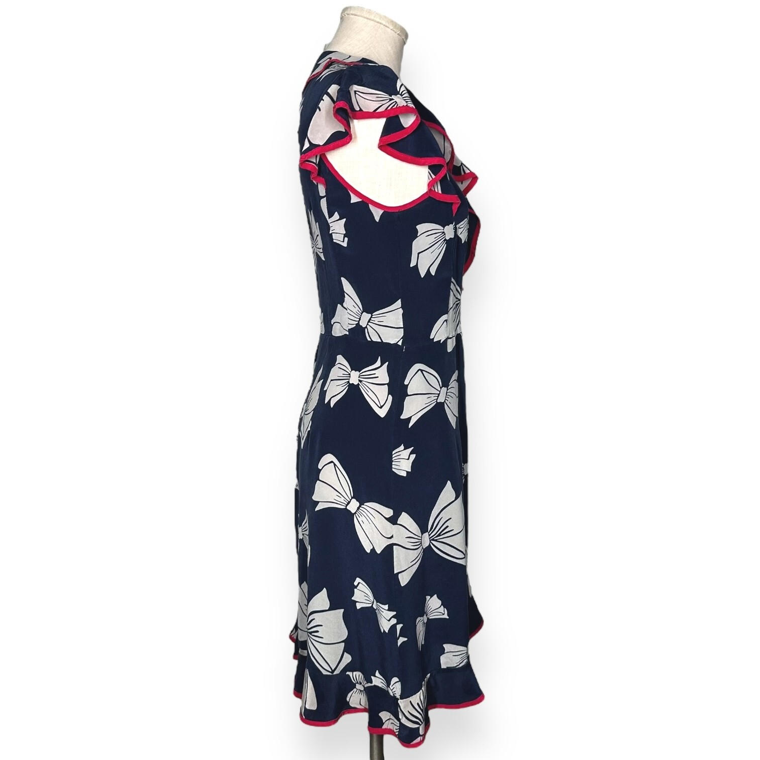 Vintage NANETTE LEPORE 100% Silk Y2K Wrap Dress Bow Print Blue Cascade Coquette