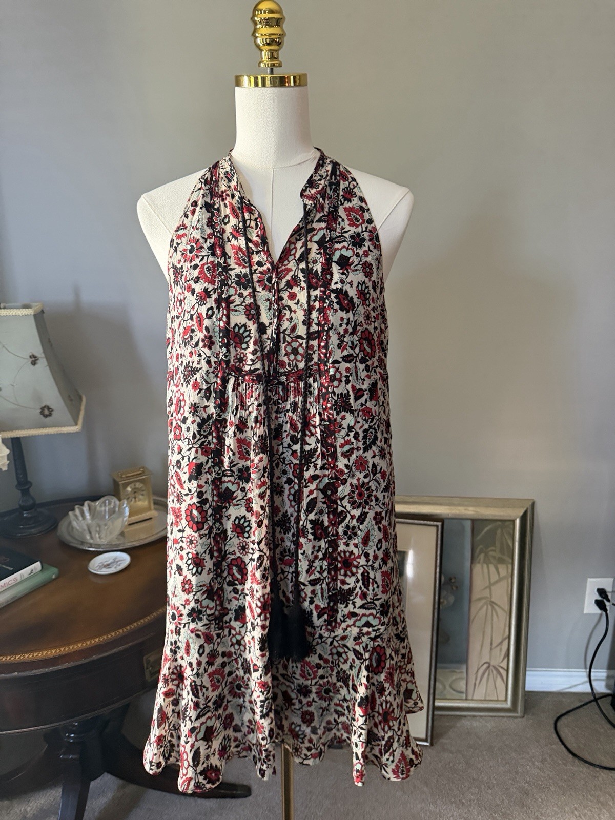 A.L.C. 100% Silk Boho Floral Halter Mini Dress Size 8 Tassel Tie