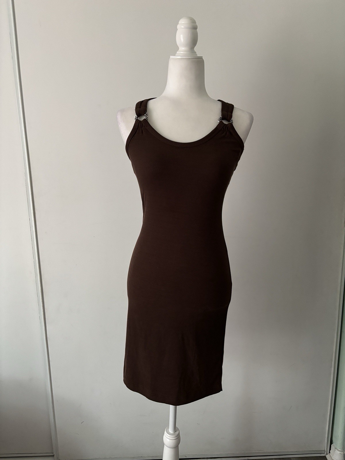 GUESS Brown Solid Knit Modal Blend Scoop Neck Beaded Strap Bodycon Dress XS