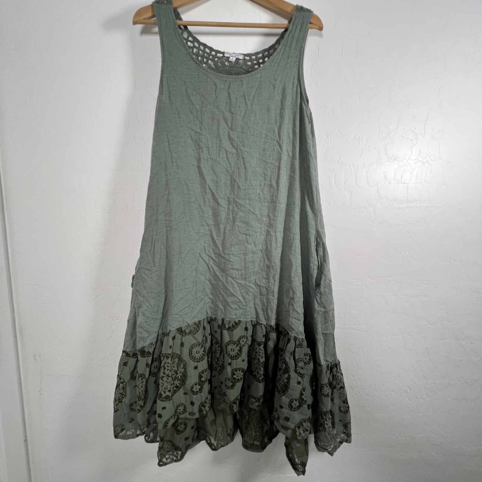 Cristina Vergani dress Italy Linen Cotton lagenlook Lace Ruffle Hem Green M