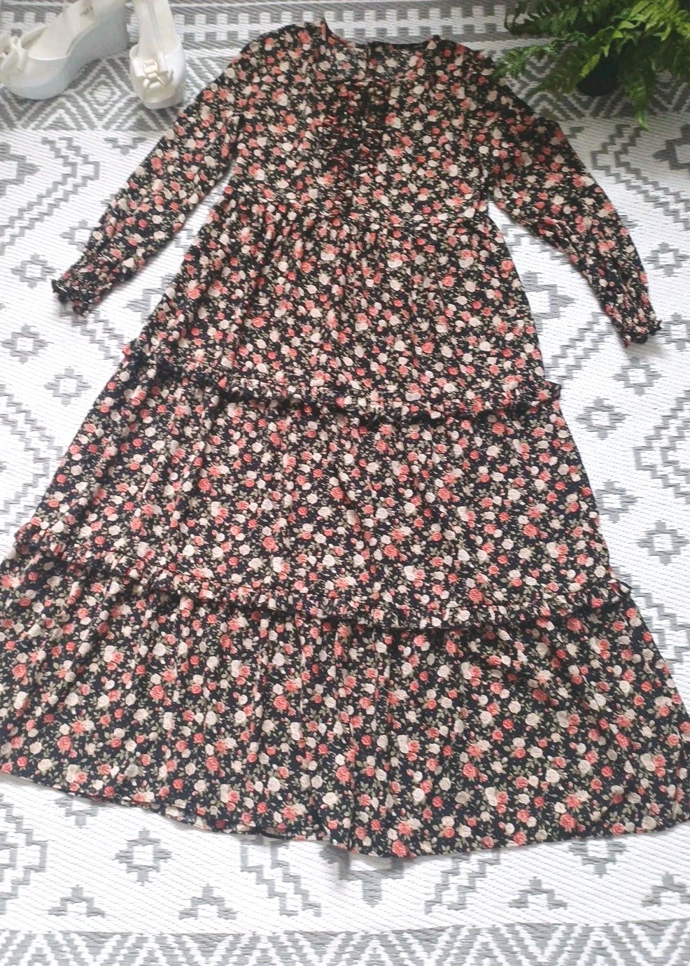Pretty Boho ruffle floaty Roses Print 🌹 Floral Maxi Dress 👗S M 10 12