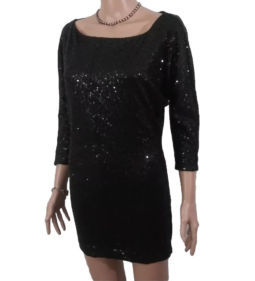 Black Sequin Dress (SIZE TAG MISSING) Bust 32in Length 30in Boat Neck 3/4 Sleeve