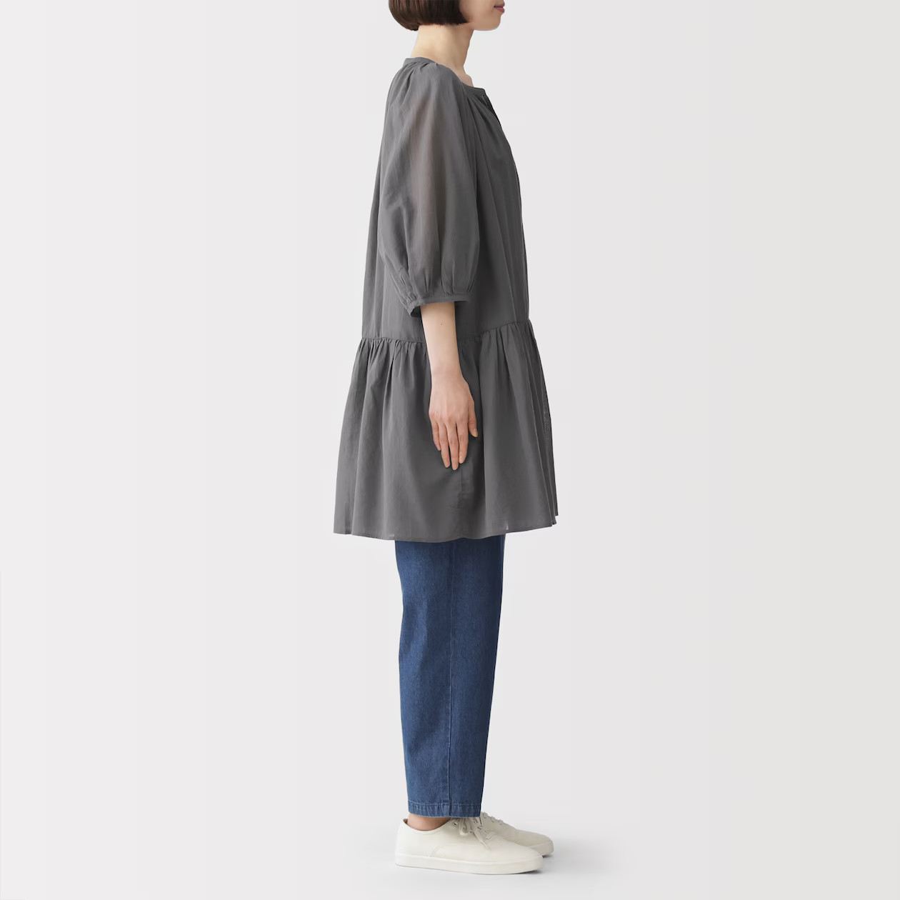 MUJI Womens 100% Organic High-Twist Cotton Sheer Tunic Dress Charcoal Gray FedEx