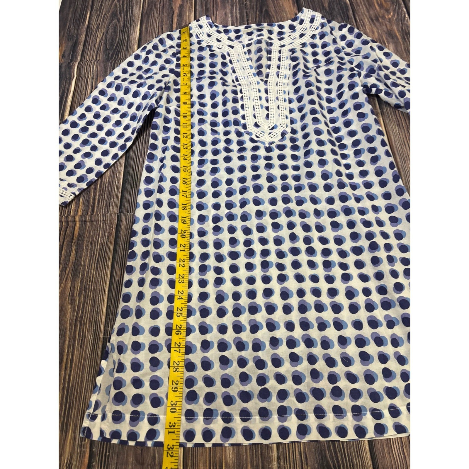 Boden Tunic Top Womens US 6R Blue Purple Polka Dot Cotton Crochet Trim Boho