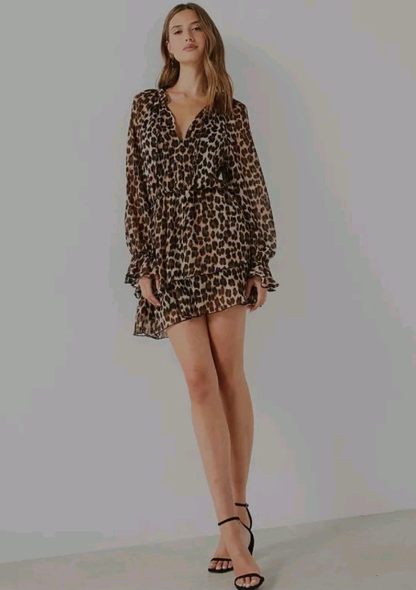 Mango Ruffle Tie Front Floaty Leopard Mini Dress Long Sleeve Brown XS RRP £56