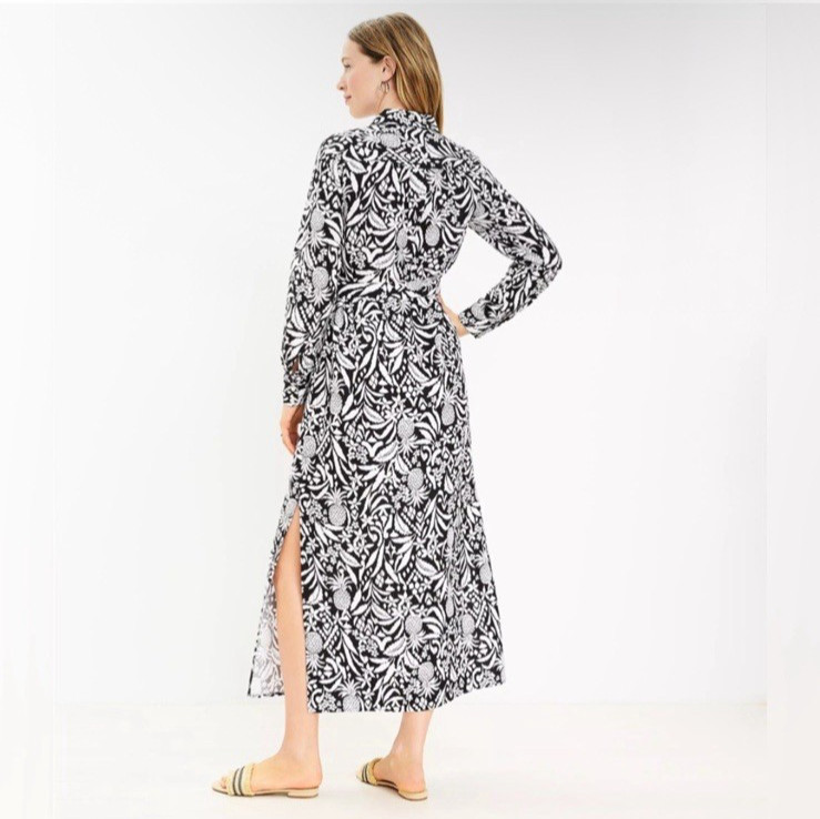 LOFT Linen Blend Long Sleeve Button Belted Tie Midi Maxi Shirt Dress Tropical 6