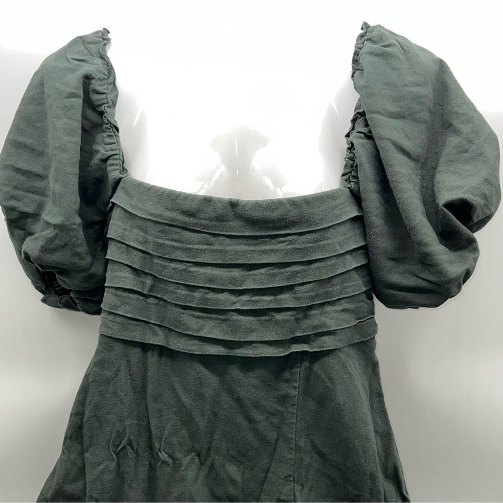 Mi Ami for Francesca’s Linen Blend Dk Green Puff Sleeve Midi Peasant Dress-Sz S