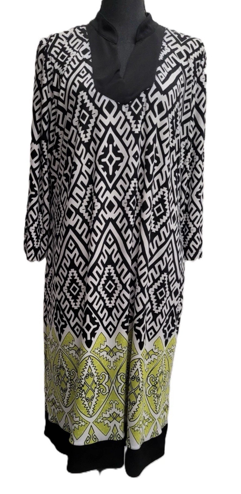 Tribal Dress Large Multicolor Geometric V-Neck 3/4 Sleeves Polyester/Spandex