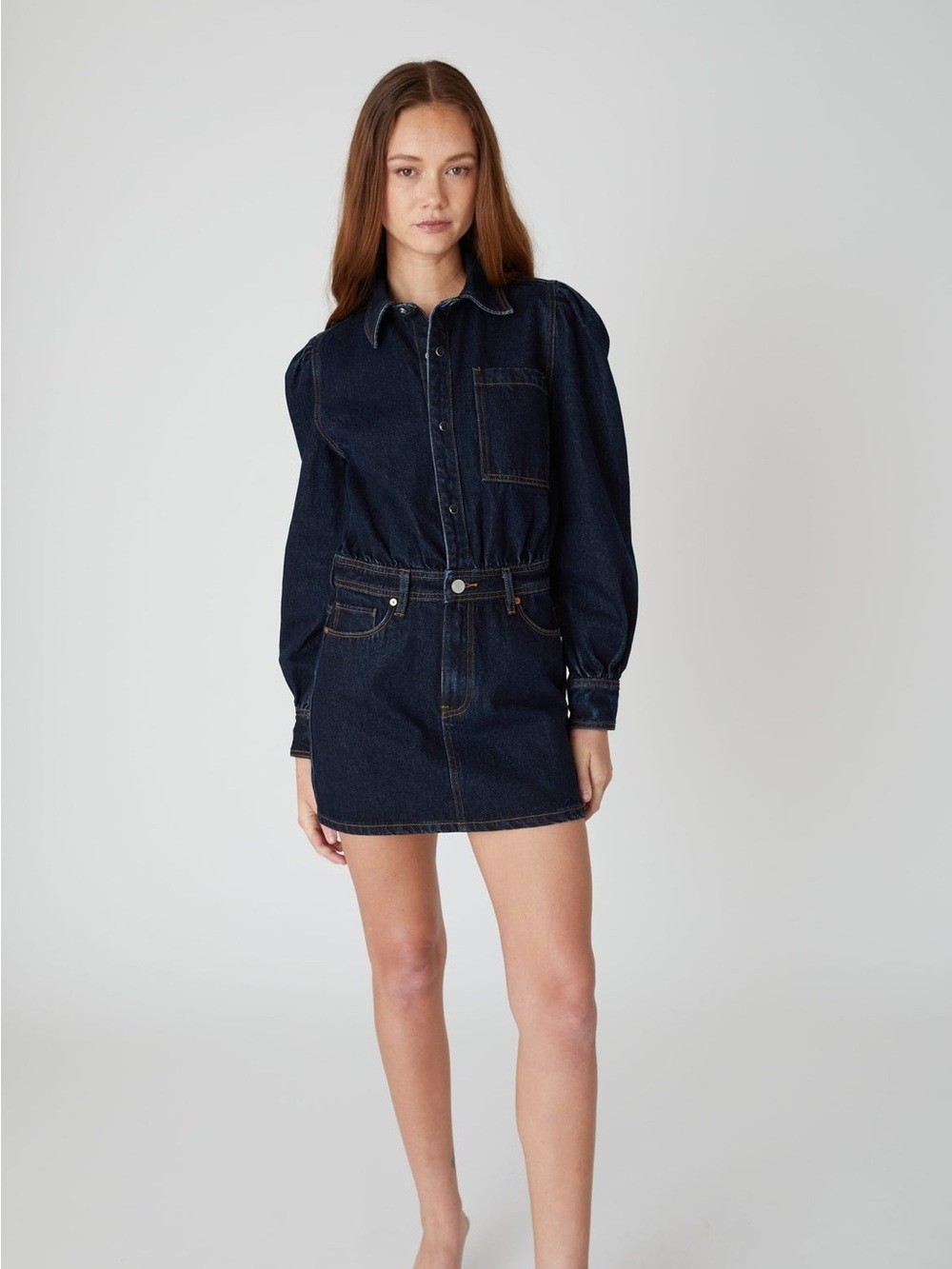 BlankNYC Deep Down Dress in Dark Indigo Wash With Long Puff Sleeves Size Medium