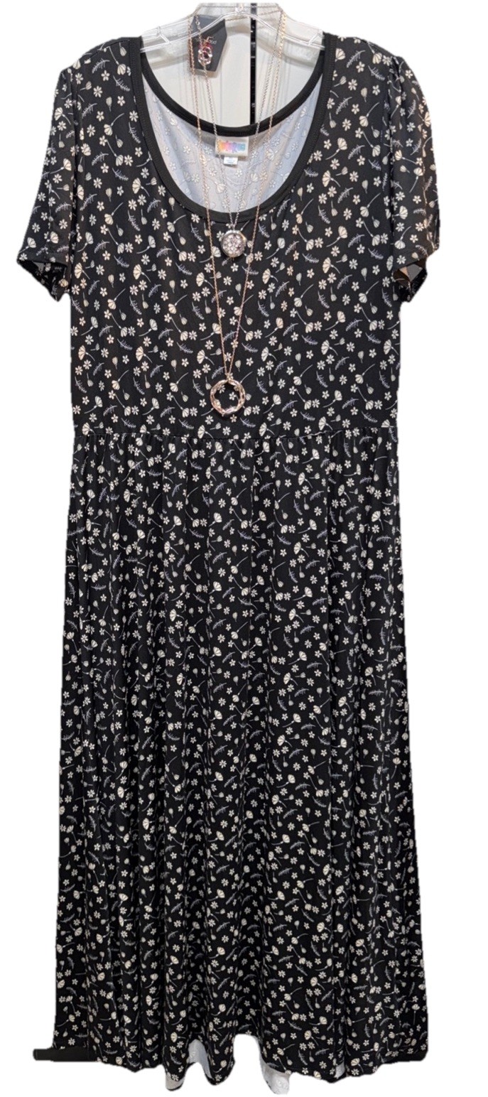 NWT LuLaRoe XL Black Cream Blue Dainty Floral Slinky Empire Riley Midi Dress