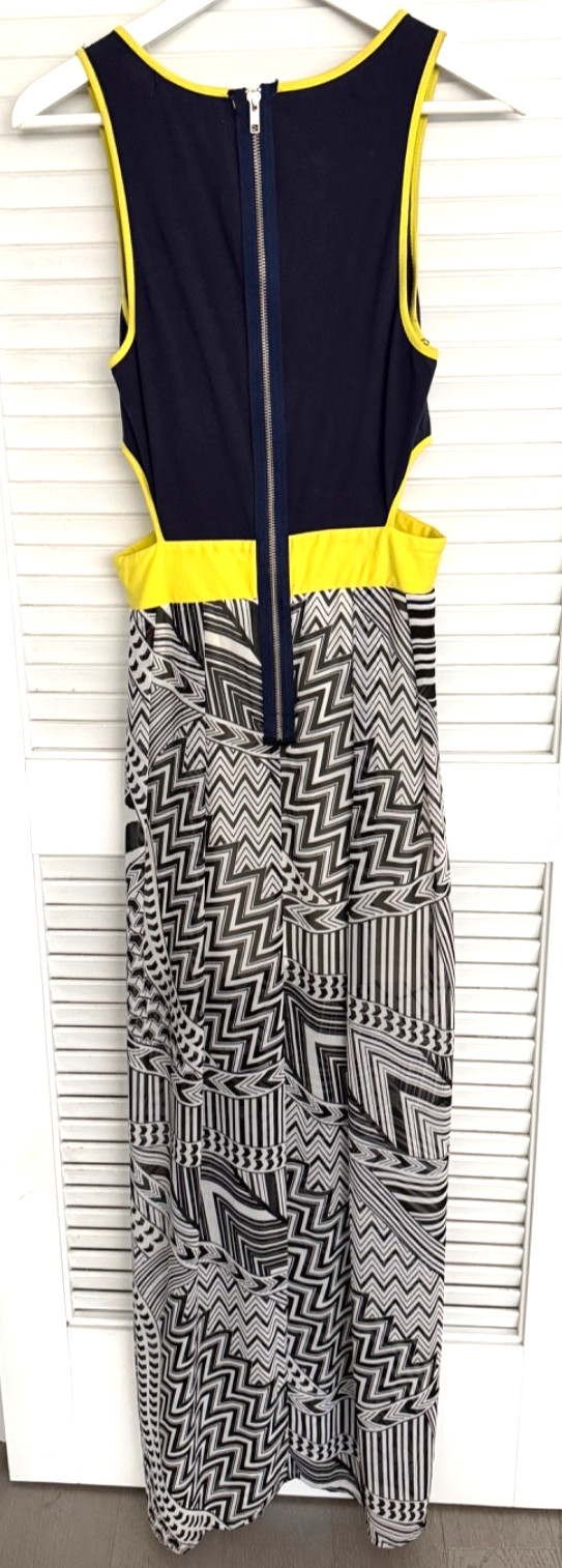 Lulus Lola Navy Yellow Geometric Aztec Side Cutout Maxi Dress Festival Small S