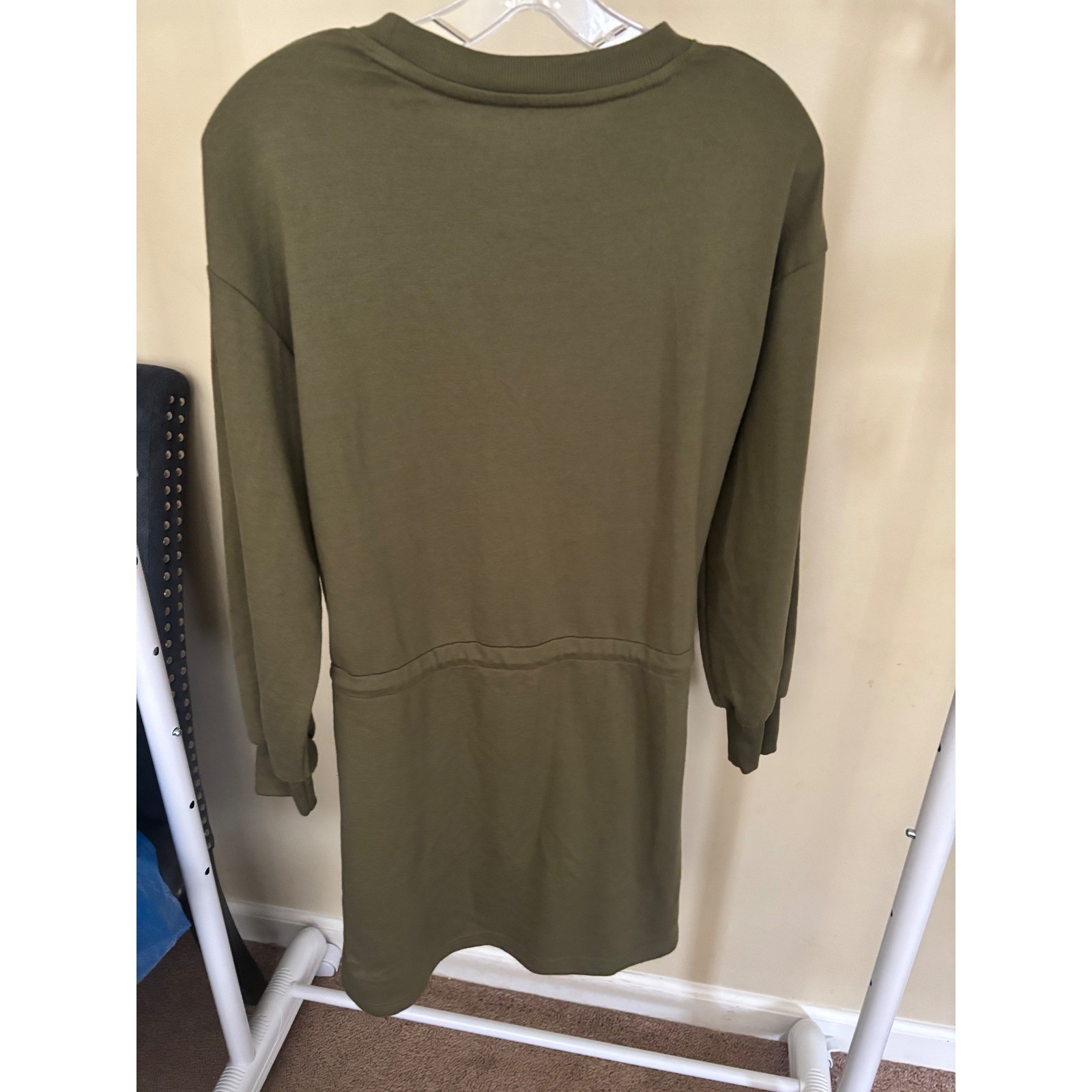 Yarn & Sea Olive Green Drawstring Waist Sweatshirt Dress XS Long Sleeve Mini