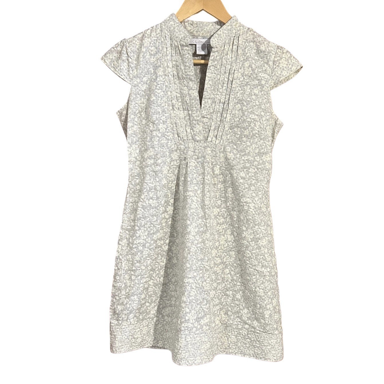 Cotton Dress Women’s Small Cap Sleeve Split Neck Pleated Boho Beige Floral Print