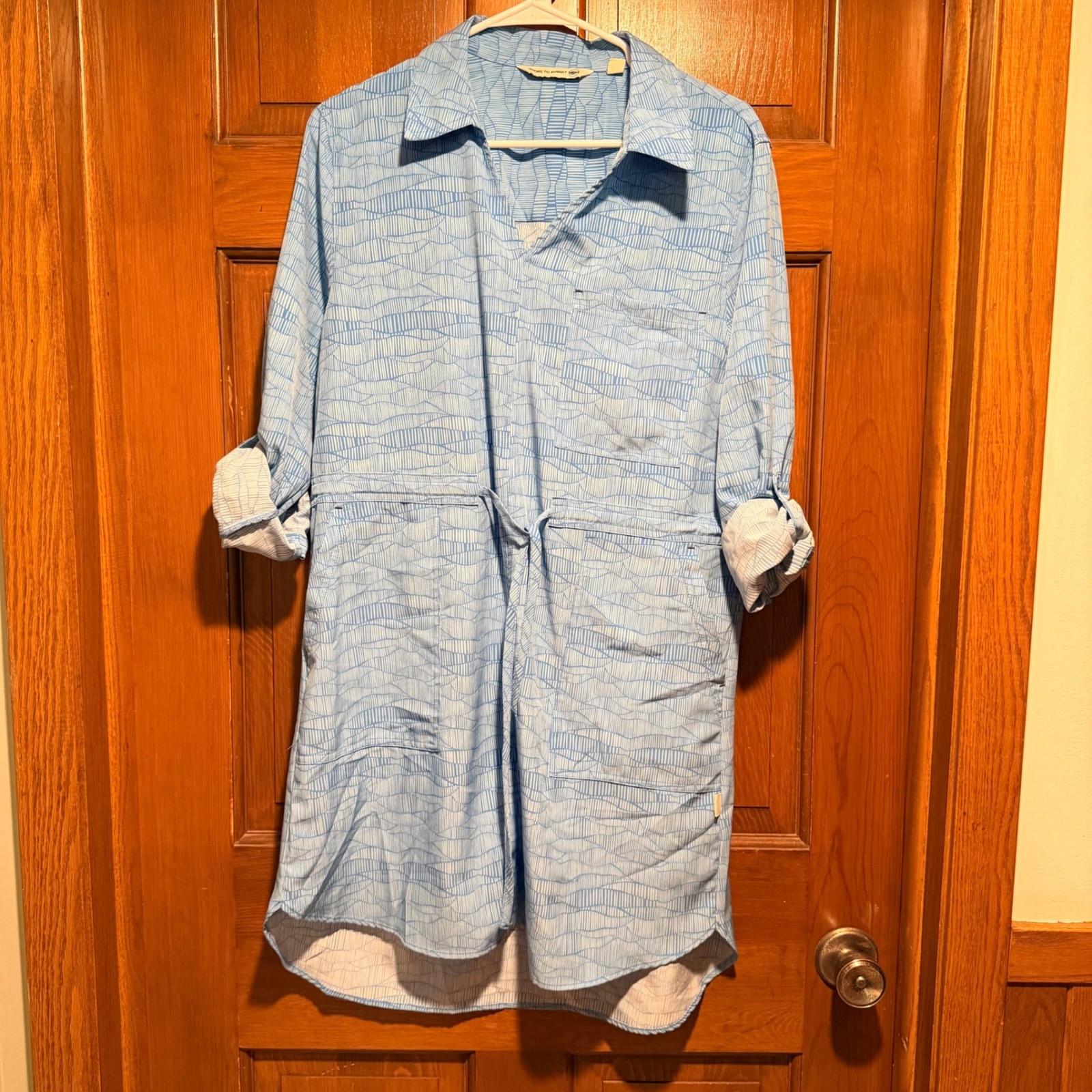 Shore to Summit Sea Mist Blue Abstract Print Roll Tab Shirt Dress Size Large