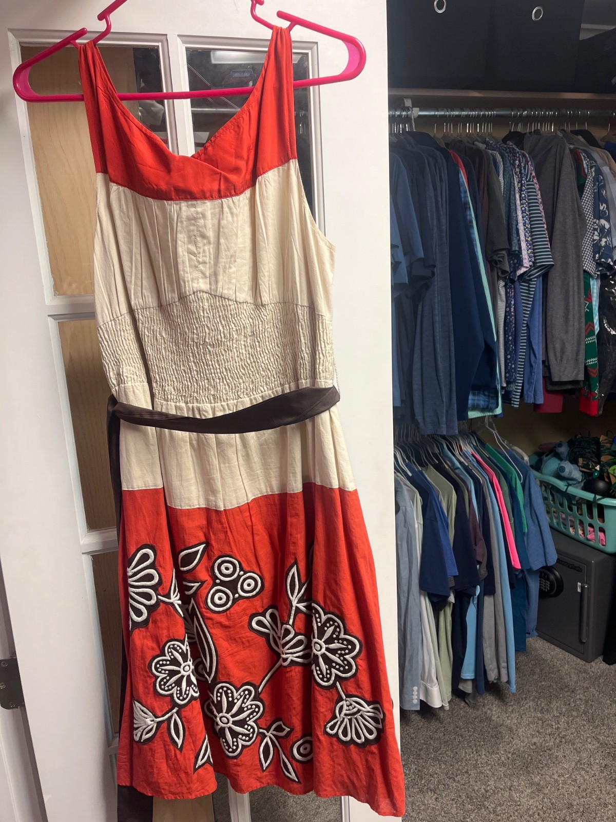 Sithe Anthropologie Cotton Wrap Dress 12 Silk Trim Orange Floral Applique Midi