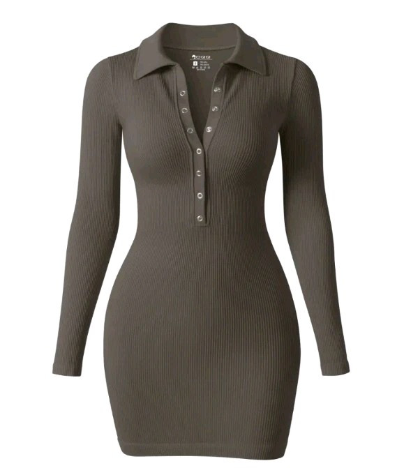 OQQ Women’s Collar Solid Buttons Down Long Sleeve V-Neck Dress Womenswear Casual